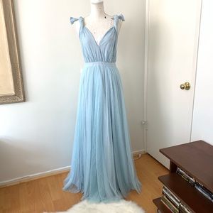 Baby Blue Tulle Gown - A-Line Backless